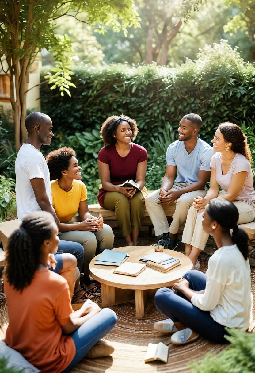 A diverse group of people sitting in a cozy circle, engaging in deep conversation with warm smiles and body language that shows connection. Surrounding them are elements symbolizing community resources, like books and wellness materials, with soft, inviting colors that evoke a sense of support and togetherness. The background features a tranquil outdoor setting with greenery and gentle sunlight pouring in. super-realistic. vibrant colors. warm tones.