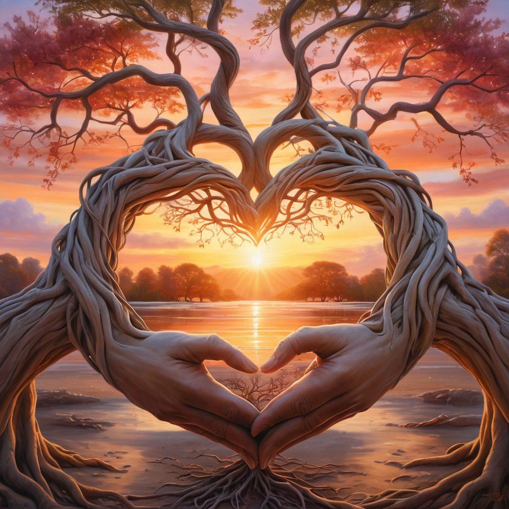 A heart-shaped tree with strong roots intertwining with supportive hands, symbolizing love and resilience. In the background, couples holding hands, depicting unity and strength amidst challenges. Bright sunrise casting a warm glow, representing hope and lasting relationships. Soft pastel colors accentuating the theme of romance and support. painterly style.