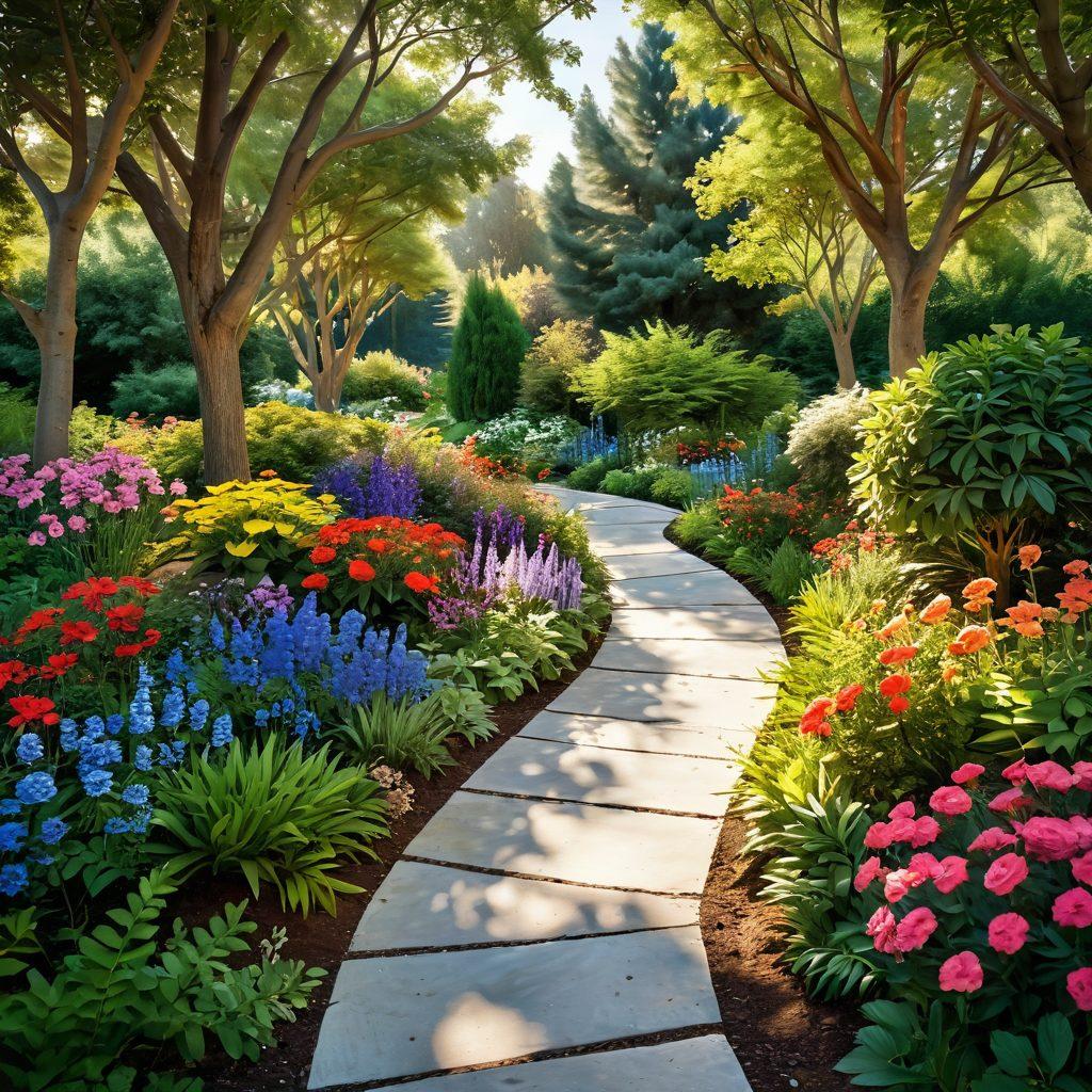 A serene landscape featuring a winding path through a lush garden filled with diverse trees and colorful flowers, symbolizing the journey of strengthening relationships. Along the path, transparent blueprints and guiding arrows float, illustrating support and direction. Soft, warm sunlight filters through the foliage, creating an inviting and hopeful atmosphere for personal connections. super-realistic. vibrant colors. 3D.